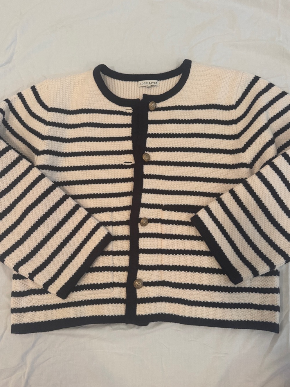 Moon River Cream and Black Striped Button-Front Cardigan Jacket